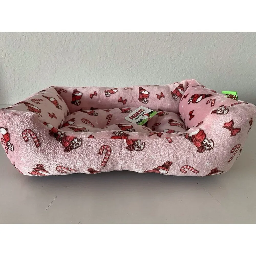Peanuts Snoopy Small Dog Cat Pet Cozy Cuddler Bed Christmas Pink Candy Cane‎ NEW